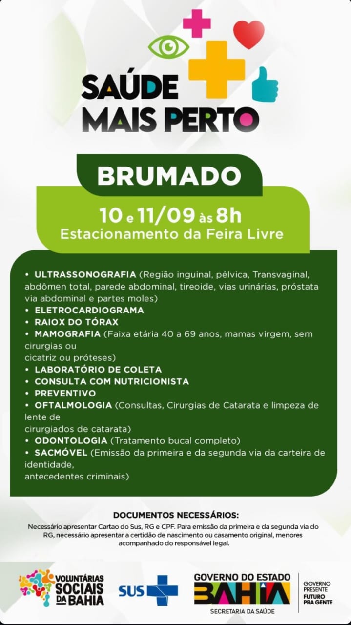 Acontece em Brumado a Feira de Saúde Mais Perto com diversos serviços gratuitos para a população.